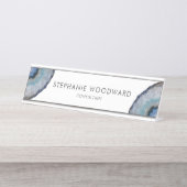 Elégant Gris Bleu Agate Géode Bureau Nom Plaque (Devant)