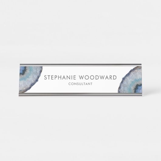 Elégant Gris Bleu Agate Géode Bureau Nom Plaque (Devant)