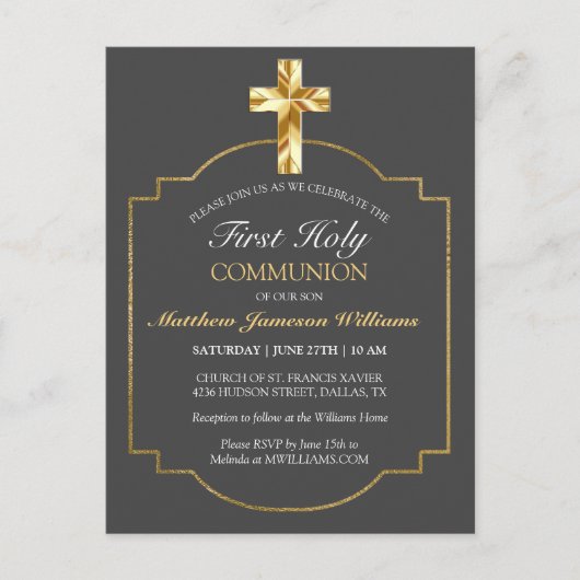 Elégant Gris Or 1ère Sainte Communion Invitation (Devant)