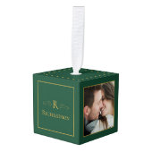 Elegant Groen 3 Foto Aangepaste Kerstmis Kubus Ornament (Voorkant hoekig)