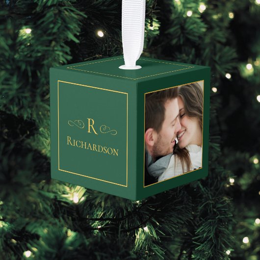 Elegant Groen 3 Foto Aangepaste Kerstmis Kubus Ornament