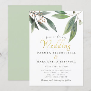 Elegant groen blad goud script gom bloesem bruilof kaart