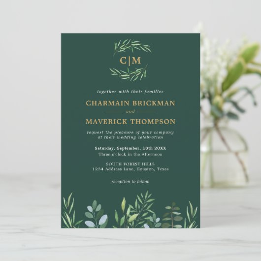 Elegant groen blad monogram bruiloft kaart (Staand voorkant)