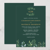 Elegant groen blad monogram bruiloft kaart (Voorkant / Achterkant)