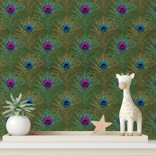 Elegant Groen Blauw Glitter Peacock Veren Chic Behang