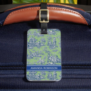Elegant groen blauw toile de jouy bagagelabel