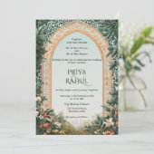 Elegant  groen Bloemen Indiase bruiloft Kaart (Staand voorkant)