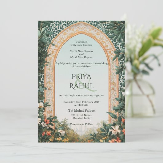 Elegant  groen Bloemen Indiase bruiloft Kaart (Staand voorkant)