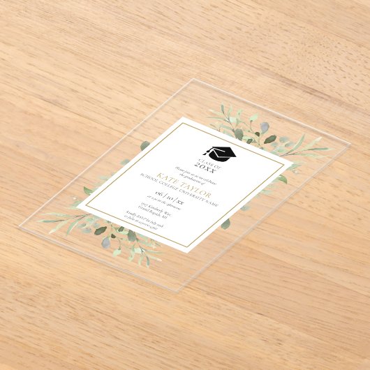 Elegant groen Bloemenafstudeerfeest Acryl Uitnodigingen (Laagn)