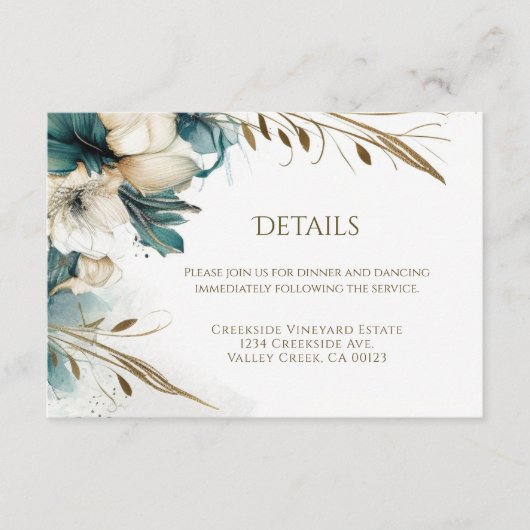Elegant groen bloemig Blauwgroen gouden bruiloft Informatiekaartje (Voorkant)