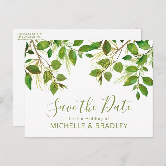 Elegant groen Botanisch gebladerte Save the Date Aankondigingskaart (Voorkant / Achterkant)
