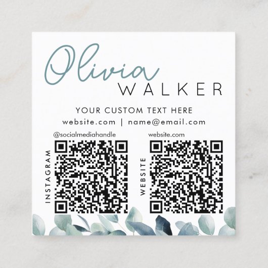 Elegant groen botanisch script naam 2 QR code Vierkante Visitekaartje (Achterkant)