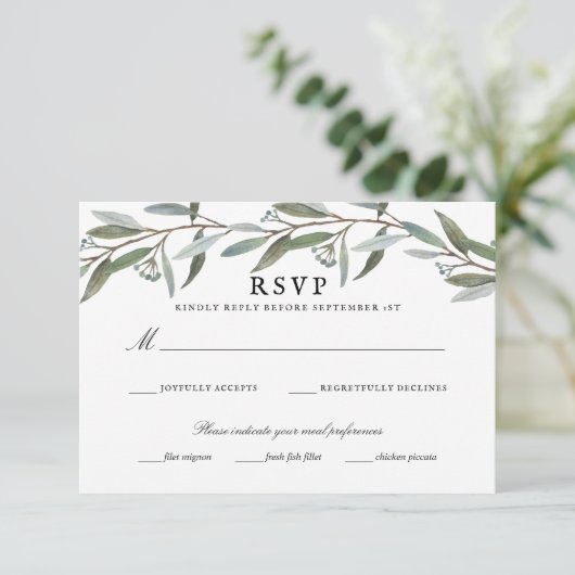 Elegant groen bruiloft RSVP (Staand voorkant)
