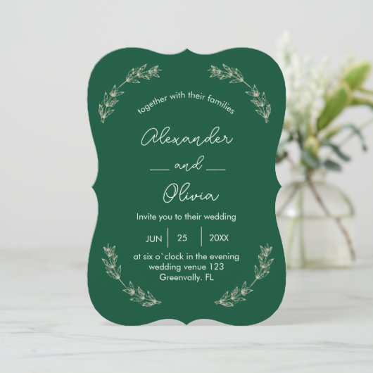 Elegant groen bruiloft uitnodiging | Script-letter (Staand voorkant)