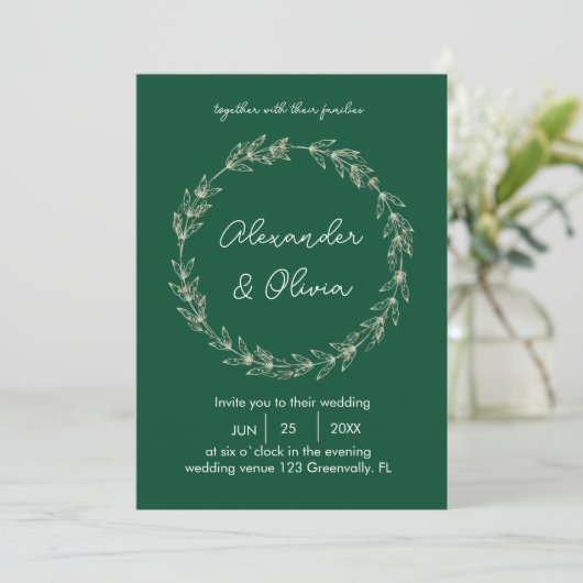 Elegant groen bruiloft uitnodiging | Script-letter (Staand voorkant)