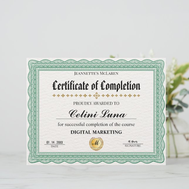 Elegant Groen Certificaat van Voltooiing – Modern (Staand voorkant)
