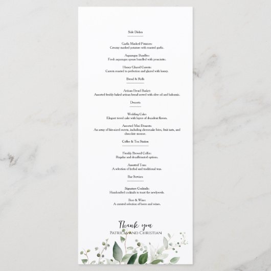 Elegant groen dubbelzijdig huwelijksmenu menu (Achterkant)