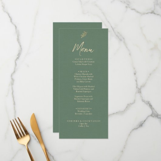 Elegant Groen en Goud Boho Tuin Diner Bruiloft Menu (Voorkant / Achterkant in situ)
