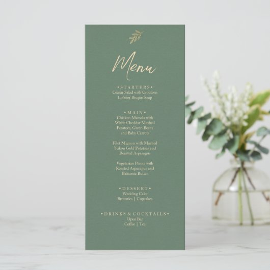 Elegant Groen en Goud Boho Tuin Diner Bruiloft Menu (Staand voorkant)
