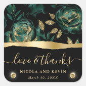 Elegant Groen en Goud Glitter Roos Bloemenbruiloft Vierkante Sticker (Voorkant)