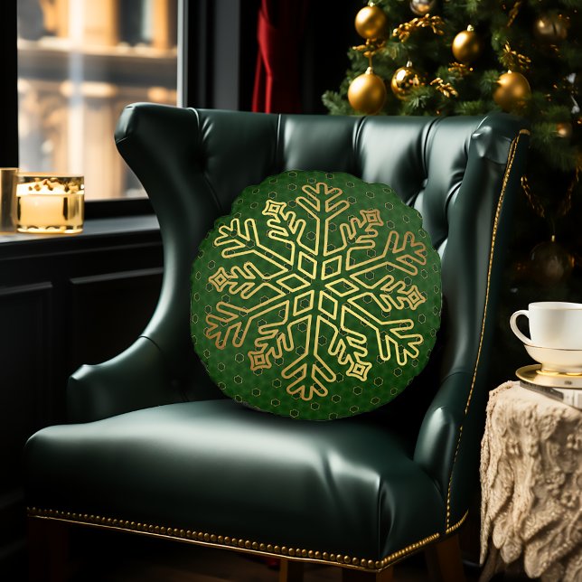 Elegant Groen en Goud Sneeuwvlok Decoratief Rond Kussen (Classic Decorative Christmas Green Snowflake Pillow)