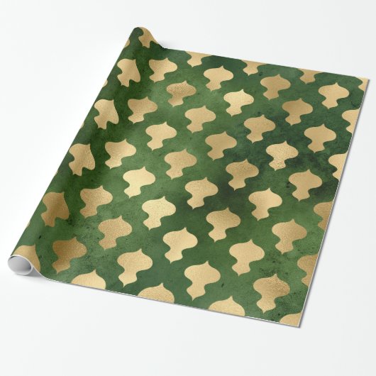 Elegant groen en gouden kerstversiering cadeaupapier (Uitgerold)
