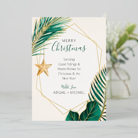 Elegant groen en gouden strand tropisch Kerstmis Folie Feestdagenkaart (Staand Voorkant)