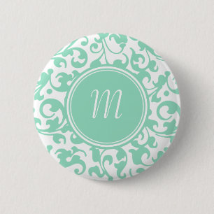 Elegant groen en wit damast scrollmonogram ronde button 5,7 cm