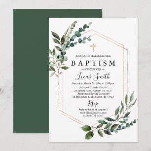 Elegant groen Eucalyptus Goud Kruis Doop Kaart