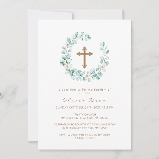 Elegant groen Eucalyptus Goud Kruis Doop Kaart (Voorkant)