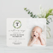 Elegant groen Eucalyptus Waterverf Foto Geboorte Aankondiging (Staand voorkant)