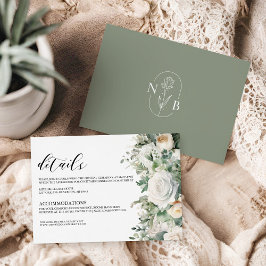 Elegant groen eucalyptus wit rose bruiloft informatiekaartje