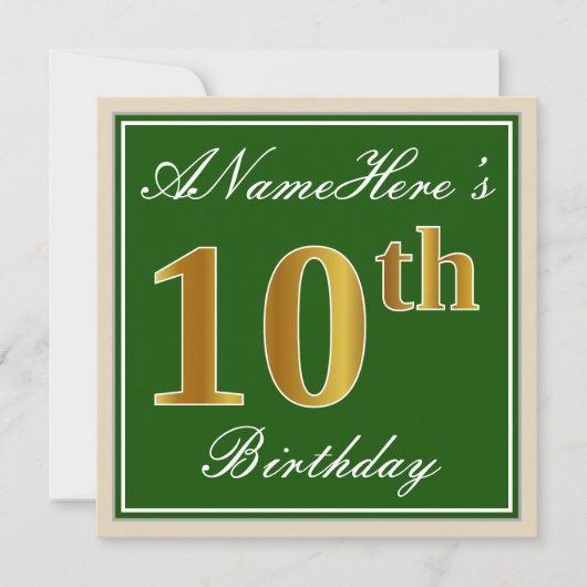 Elegant, groen, Faux Gold 10th Birthday + naam Kaart (Voorkant)