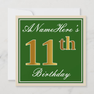 Elegant, groen, Faux Gold 11th Birthday + naam Kaart