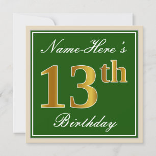 Elegant, groen, Faux Gold 13th Birthday + naam Kaart