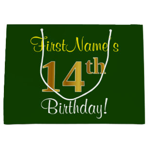 Elegant, groen, Faux Gold 14th Birthday + naam Large Cadeautasje