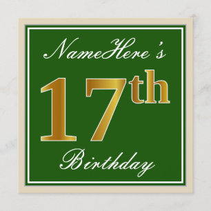 Elegant, groen, Faux Gold 17th Birthday + naam Kaart
