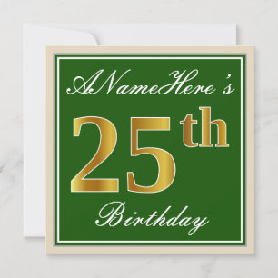 Elegant, groen, Faux Gold 25th Birthday + naam Kaart