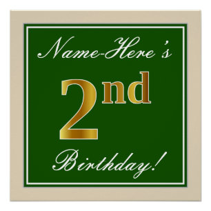 Elegant, groen, Faux Gold 2e verjaardag + naam Perfect Poster