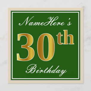 Elegant, groen, Faux Gold 30th Birthday + naam Kaart