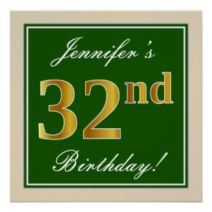Elegant, groen, Faux Gold 32e verjaardag + naam Perfect Poster
