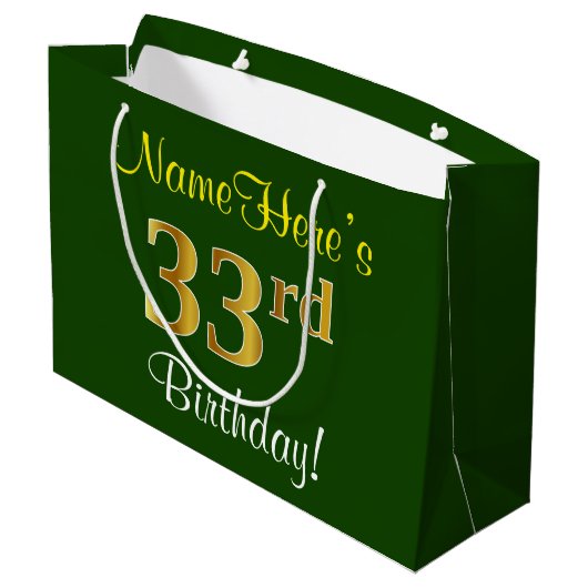 Elegant, groen, Faux Gold 33rd Birthday + naam Groot Cadeauzakje (Achterkant Gekanteld)