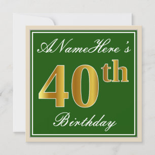 Elegant, groen, Faux Gold 40th Birthday + naam Kaart