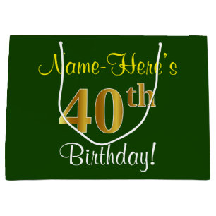 Elegant, groen, Faux Gold 40th Birthday + naam Large Cadeautasje