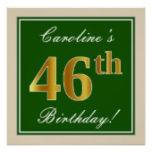 Elegant, groen, Faux Gold 46th Birthday + naam Perfect Poster (Voorkant)