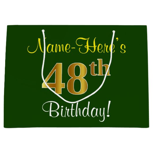 Elegant, groen, Faux Gold 48th Birthday + naam Groot Cadeauzakje (Voorkant)