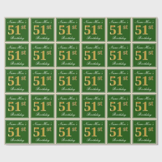 Elegant, groen, Faux Gold 51st Birthday + naam Cadeaupapier (Vlak)