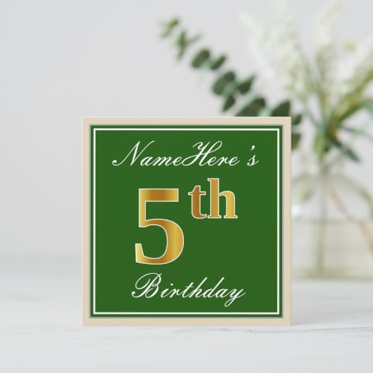 Elegant, groen, Faux Gold 5th Birthday + naam Kaart (Staand voorkant)