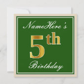 Elegant, groen, Faux Gold 5th Birthday + naam Kaart (Voorkant)