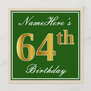 Elegant, groen, Faux Gold 64th Birthday + naam Kaart